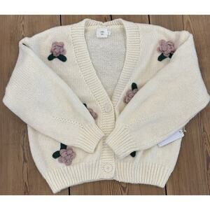 NWT Luna + Ivy Ivory Cream Cardigan Sweater With Applique 3D Flowers Roses Small
